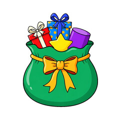 A green gift bag tied with a yellow bow and filled with presents.