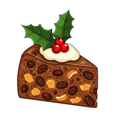 A slice of fruitcake topped with holly and creamy frosting.
