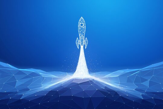 Abstract Rocket Launch with Geometric Landscape - Powered by Adobe