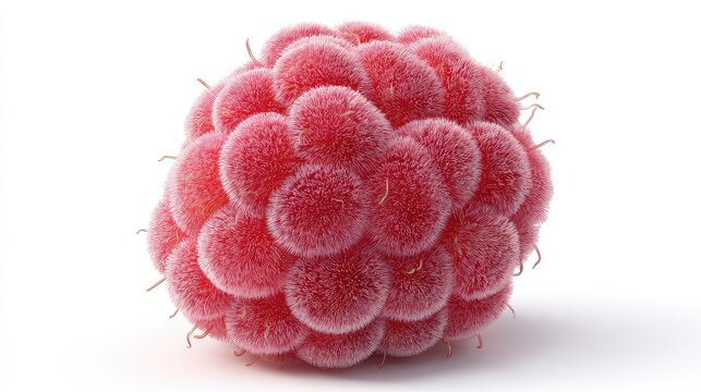 Delightful close-up of a vibrant, textured raspberry with a unique, fuzzy appearance against a clean, bright white background, ideal for food blogs and creative projects