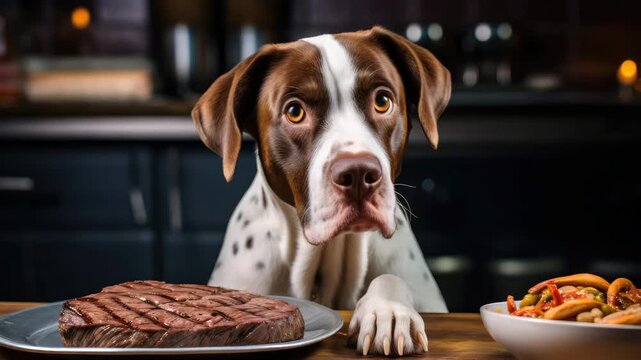 innocent looking dog in front of tasty steak in kitchen animation