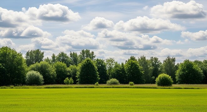 Lush green field with forest backdrop under a cloudy summer sky