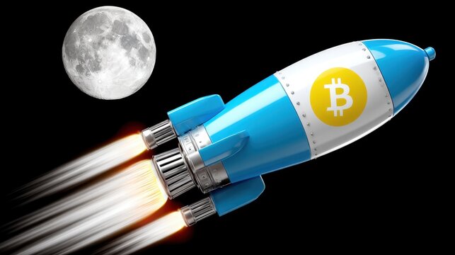 Rocketing bitcoin towards the moon cryptocurrency launch event in space futuristic concept