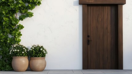 Cottage wood home entrance with draped vines, flower pots, and candlelight