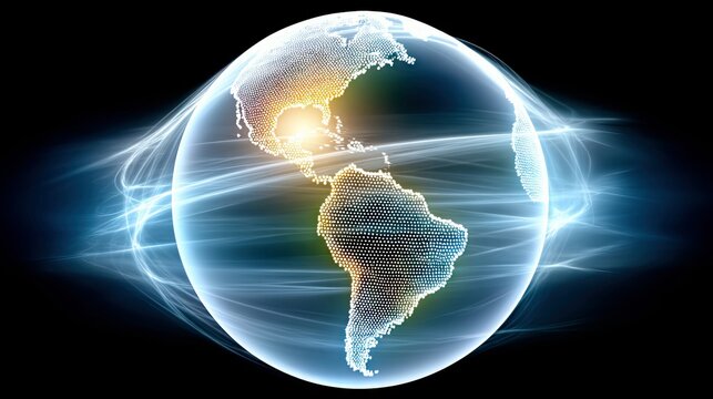 A stylized, digital representation of the Earth, focusing on the Americas, encased in a glowing sphere with ethereal blue and white energy streams swirling arou