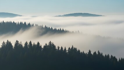 Misty Pine Forest Hills Shrouded in Morning Fog at Dawn perfect for website banner, nature blog, travel brochure, environmental campaign, wallpaper, background,
