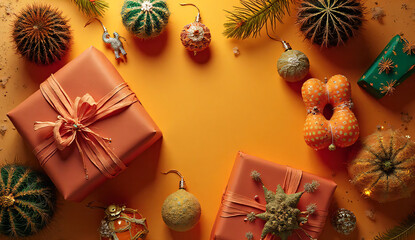 Desert themed Christmas flat lay with terracotta gifts