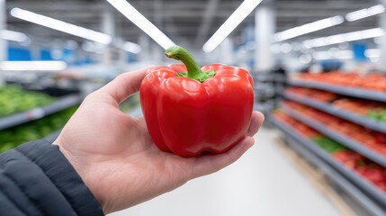 Hand holding a vibrant red bell pepper in a grocery store aisle, surrounded by fresh vegetables, showcasing healthy eating and vibrant produce selection
