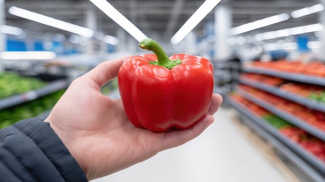 Hand holding a vibrant red bell pepper in a grocery store aisle, surrounded by fresh vegetables, showcasing healthy eating and vibrant produce selection - Powered by Adobe