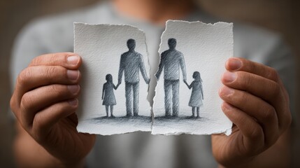 Hands holding a torn sketch of a family, depicting two adults and two children, symbolizing separation and emotional distress in relationships and family dynamics