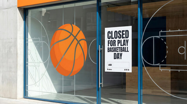 Orange basketball graphic on glass door with closed sign, basketball, orange, graphic, closed, sign, play, day, basketball court, lines, glass, door, building, exterior, sports, indoor, recreation, an
