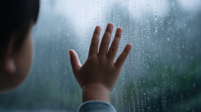 Young child with a small hand pressed against a rain-soaked window, gazing outside, capturing a moment of wonder and curiosity during a rainy day