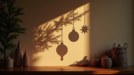Minimalist Christmas Decor Shadow Play: Festive Ornament Silhouettes Projected on a Sunlit Warm Interior Wall