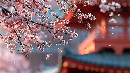 A whimsical scene featuring a small, cartoonish white rabbit with pink ears floating mid-air. It is surrounded by branches laden with delicate pink cherry bloss