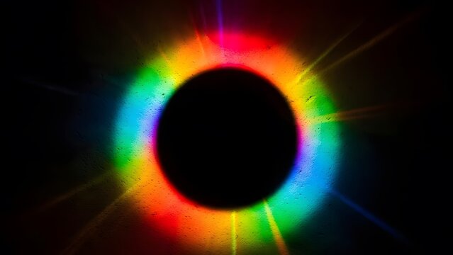 Vibrant Rainbow Circle Light Aura on Black perfect for website banner, tech presentation, event poster, album cover, digital art, abstract design, wallpaper