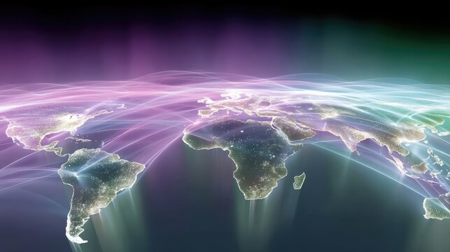 A stylized, glowing digital representation of the Earth's continents, overlaid with luminous lines and aurora-like light effects in purple and green hues.