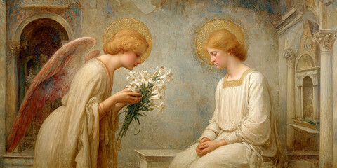 Annunciation scene in fresco style of the Archangel Gabriel presenting white lilies to the Virgin Mary, announcing that she will give birth to the son of God. Generative Ai.