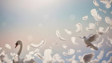 Ethereal Swan, Dove, and Feathers on Dreamy Sky perfect for Spiritual content, mindfulness promotion, wedding invitations, memorial programs, greeting cards,