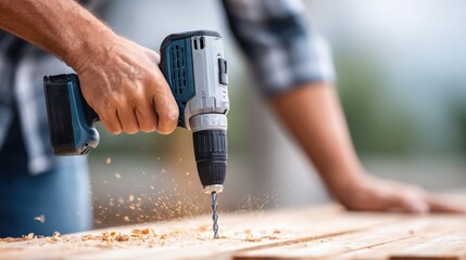 Skilled male carpenter using a power drill to create holes in wooden boards, showcasing craftsmanship and precision in a workshop environment with scattered wood shavings