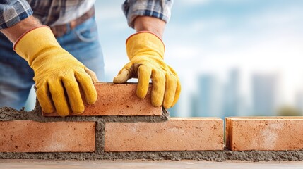 Skilled construction worker wearing yellow gloves is laying bricks in a masonry project, showcasing craftsmanship and dedication to building structures with precision and care