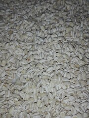 Raw pearl barley grains displayed as a texture or heap, representing a high-fiber cereal and ingredient for healthy cooling herbal drinks.