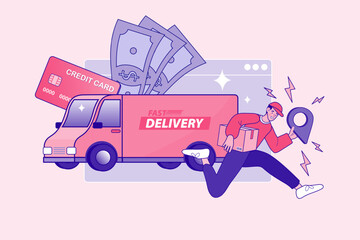 Delivery man running with package and location pin near truck. Concept of fast shipping service and cash on delivery payment. Vector illustration of logistics courier.