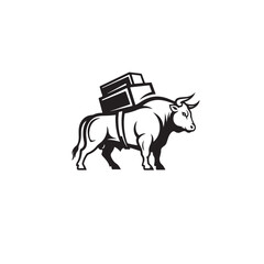 A powerful bull, rendered in a classic woodcut style, carries a stack of boxes on its back, symbolizing strength, reliable delivery, and robust logistics, isolated on