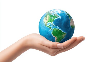 Hand holding a globe representing Earth, showcasing continents and oceans, symbolizing global unity, environmental awareness, and the importance of caring for our planet