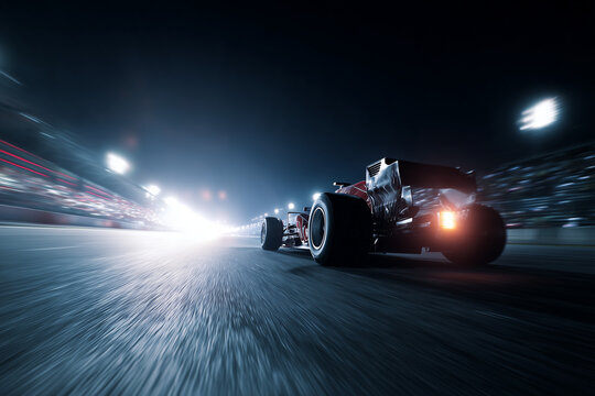 Formula 1 racing car speeds along the night road in the dark in motion with a close view of the rear wheel, with space for text