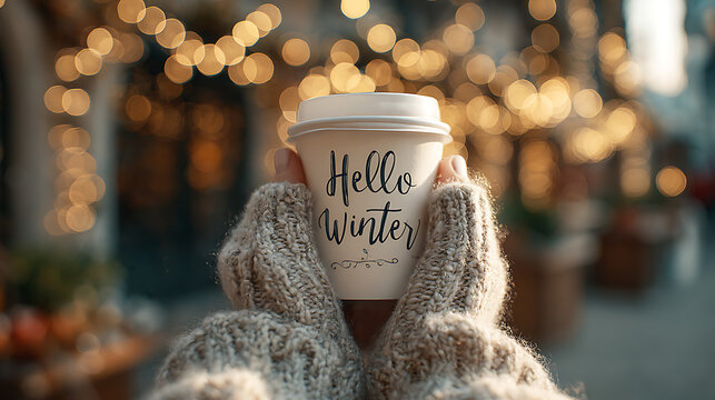 Cozy winter scene with hands in warm knitted gloves holding a takeaway coffee cup with the text &ldquo;Hello Winter.&rdquo; Soft golden bokeh holiday lights in the background create a warm and festive atmosphere.