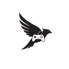 Black bird in flight with a white game controller, symbolizing freedom, skill, and passion in gaming, esports, and digital entertainment, isolated on