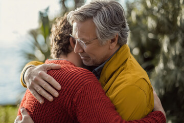 Older man in a yellow jacket and glasses hugs a younger man in a red sweater. They are embracing affectionately outdoors among the trees. Father-son reunion and warm support concept.