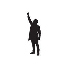 Silhouette of a person with a raised fist, symbolizing power, protest, revolution, and unity, standing tall and strong, isolated on