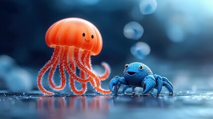 A cheerful orange jellyfish and a blue crab stand close together on a wet surface, with soft blue bokeh lights in the background. The scene has a whimsical and