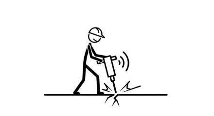 Stick figure construction worker using a jackhammer on concrete.