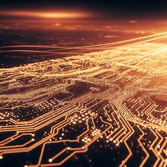 Abstract Technology Circuit Board Design with Glowing Lines and Data Flow.