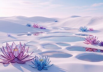 Surreal desert landscape with crystalline flowers and water pools