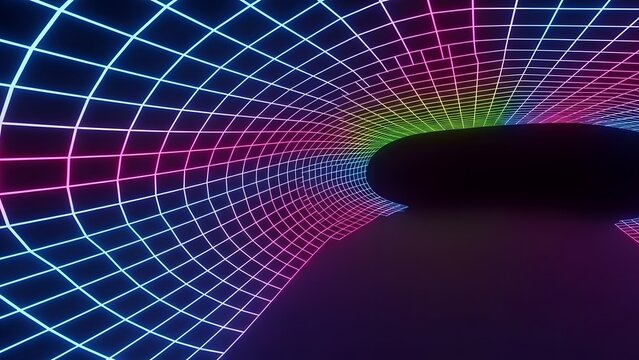 Vibrant Neon Grid Tunnel with Retro-Futuristic Glow perfect for website banner, presentation background, digital art project, social media post, tech event