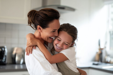 Mother in a white shirt lovingly holds and hugs her happy daughter in a bright kitchen. Both are smiling widely, enjoying a tender moment together. Mother-daughter bond and childhood joy concept.