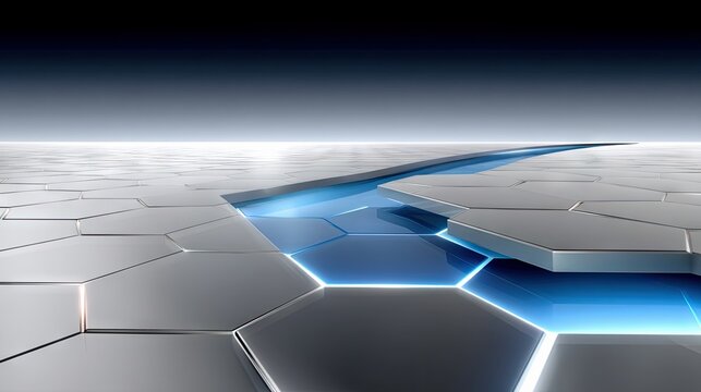 A futuristic, abstract landscape featuring a hexagonal grid surface with a glowing blue channel running through it, set against a dark gradient sky.