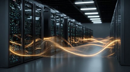 Powerful data center filled with servers, glowing connection lines visualize the flow of information, showing modern technology and digital connectivity