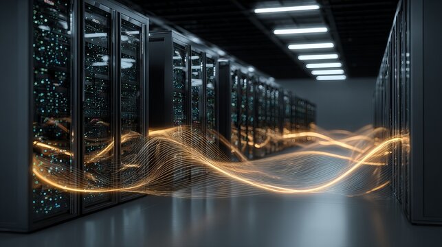 Powerful data center filled with servers, glowing connection lines visualize the flow of information, showing modern technology and digital connectivity - Powered by Adobe
