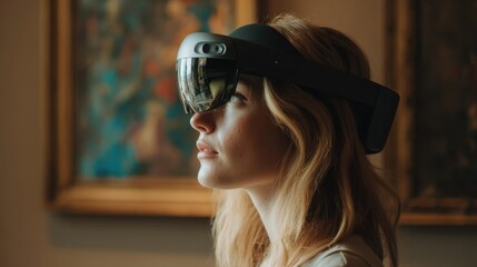 Young Woman Wearing Virtual Reality Headset Indoor Modern Art Gallery