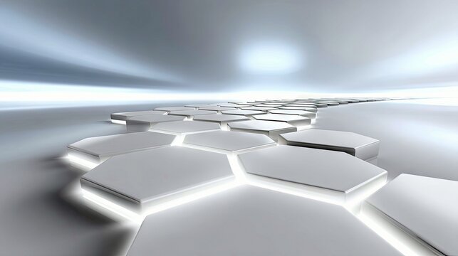 A pathway made of illuminated hexagonal shapes stretches into a bright, futuristic landscape with a hazy horizon, suggesting progress and innovation.