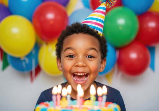 Happy young boy celebrating his birthday with a colorful cake and balloons