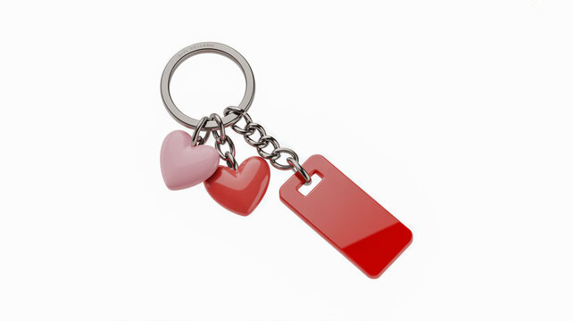 Red heart charm keychain with blank tag isolated on white background