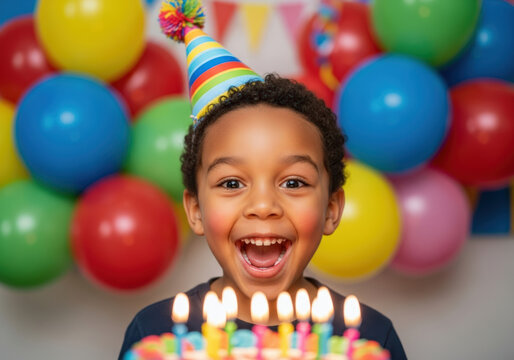 Happy birthday celebration with a young boy and a colorful cake