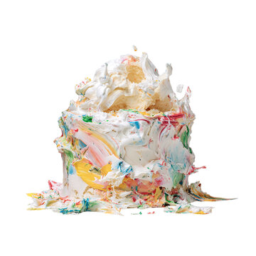 Closeup of a messy, ruined cake with colorful frosting, isolated on transparent background the cake is partially destroyed and covered in smeared icing