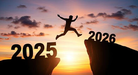 Silhouette of a person jumping to 2026 at sunset symbolic concept