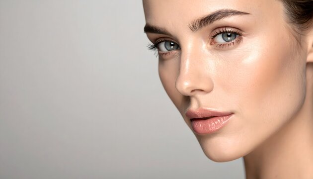 Retrato de mujer con piel luminosa y maquillaje natural en fondo neutro